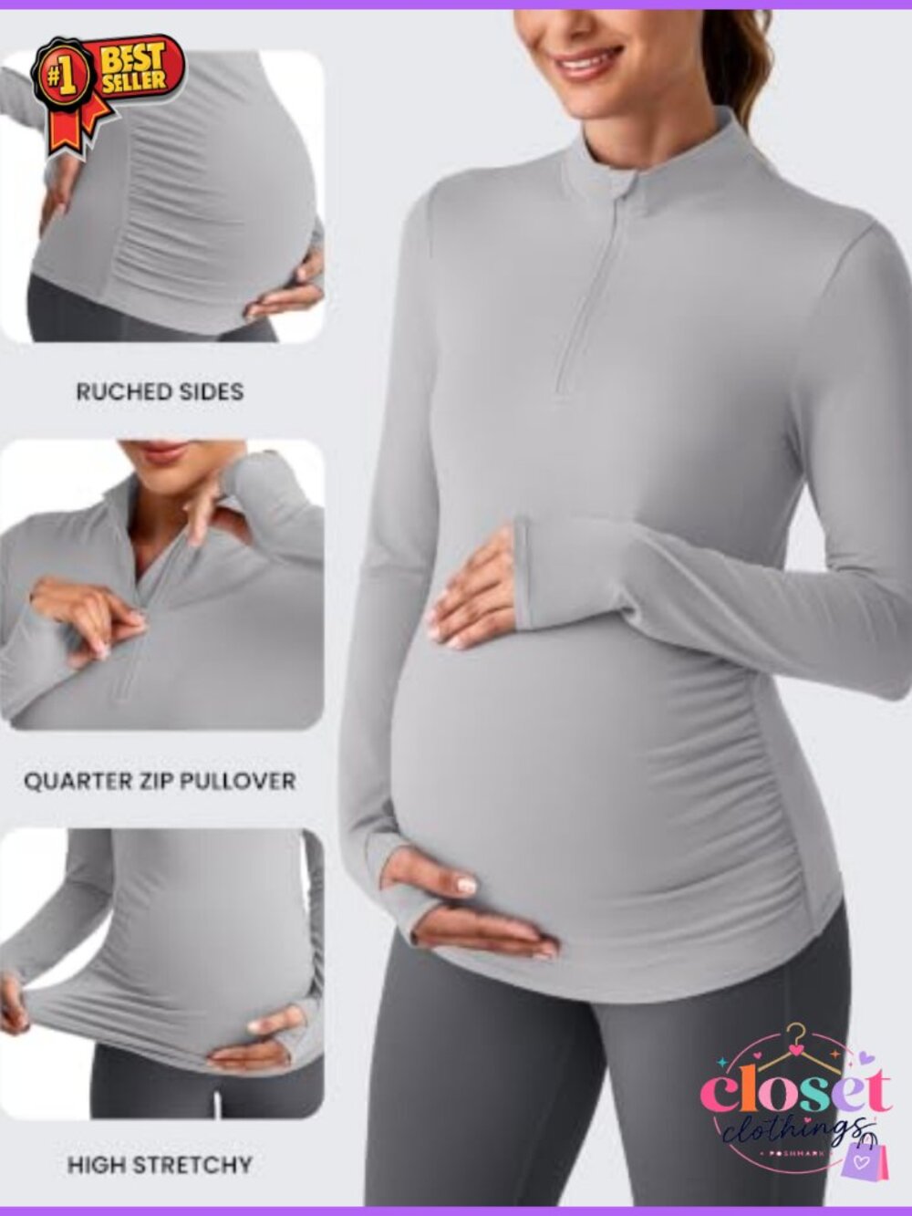 Maternity Long Sleeve Quarter Zip Pregnancy Top UPF 50+ - Picture 3 of 5